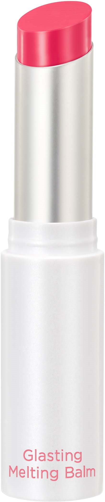 A pink lip balm sticks out of a white tube labeled 'Glasting Melting Balm'.