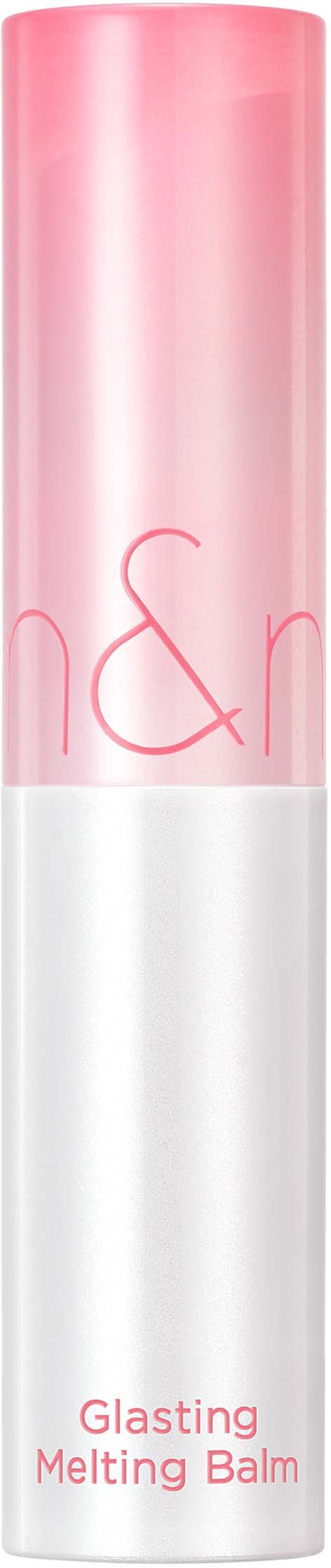 A tall, pink and white tube labeled 'Glasting Melting Balm' on a black background.