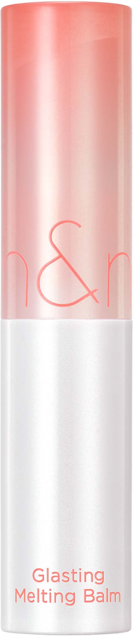 Een lange, roze en witte cilindervormige tube met zachte tekst en de woorden "Glasting Melting Balm" op.