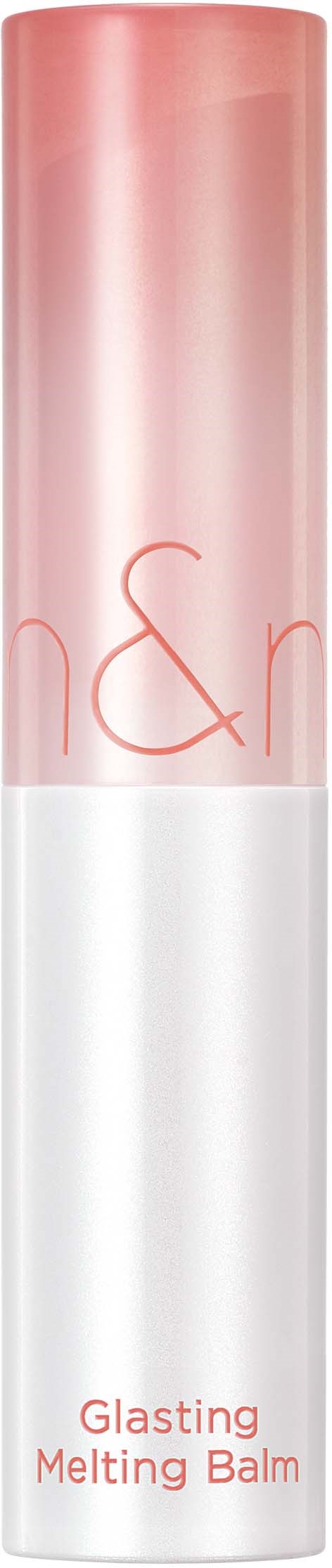 Ein zylindrischer Behälter mit pinkfarbenem und weißem Design, beschriftet 'Glistening Melting Balm'.