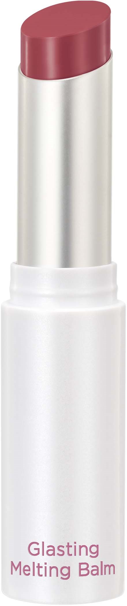 Ein Lippenpflegestick mit rosa Farbe. Weiße Tube mit pinkem Text "Glasting Melting Balm".