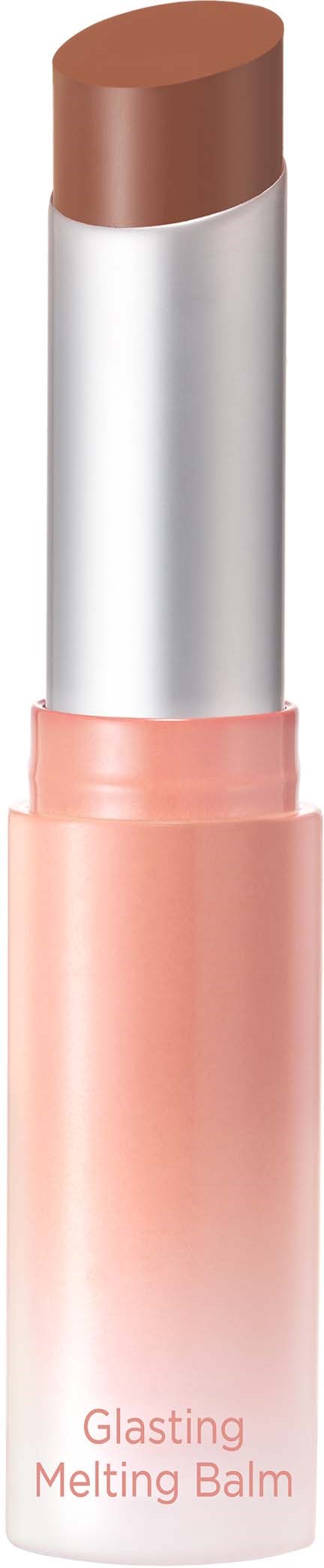Een stiftvormige balsem met lichtroze basis en bruin bovenstuk, gemerkt 'Glasting Melting Balm'.