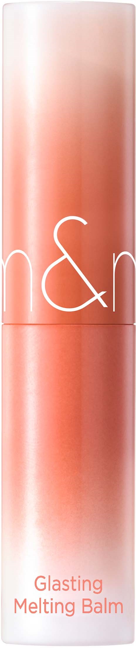 En lång, cylindrisk tub med gradient från rosa till persika, märkt 'Glasting Melting Balm' i vitt text.