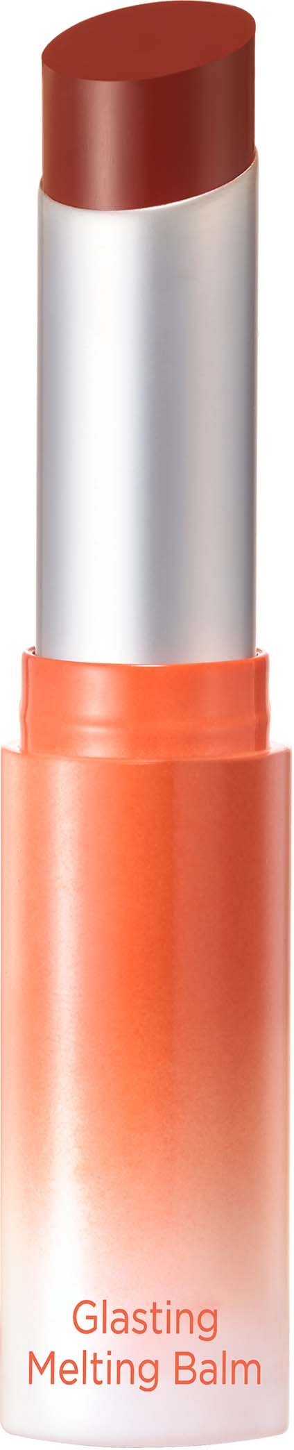 Ein Lippenbalsam Stift mit metallischem und peachfarbenem Körper, beschriftet 'Glasting Melting Balm.'