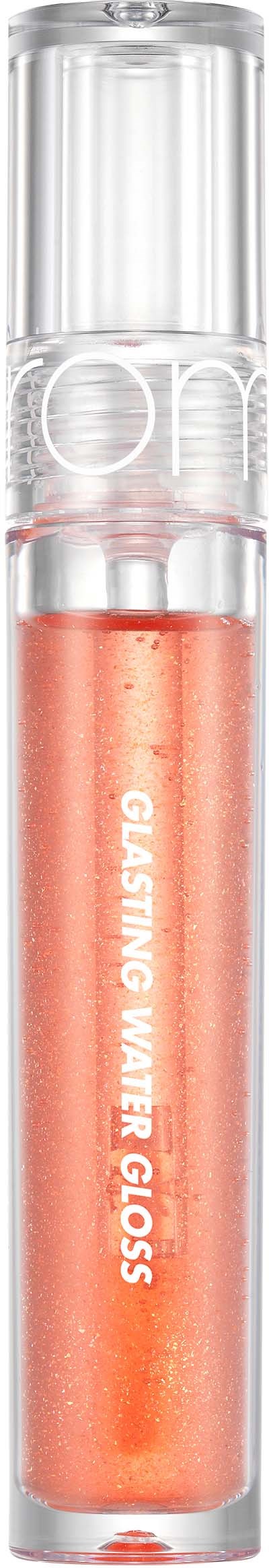 A transparent tube holds orange shimmer lip gloss with a clear cap and white text. The pamphlet says "Glazing Water Gloss."