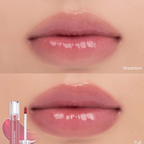 A before and after comparison of lip gloss application on lips, showing increasing shine and color. Gradation, Full.