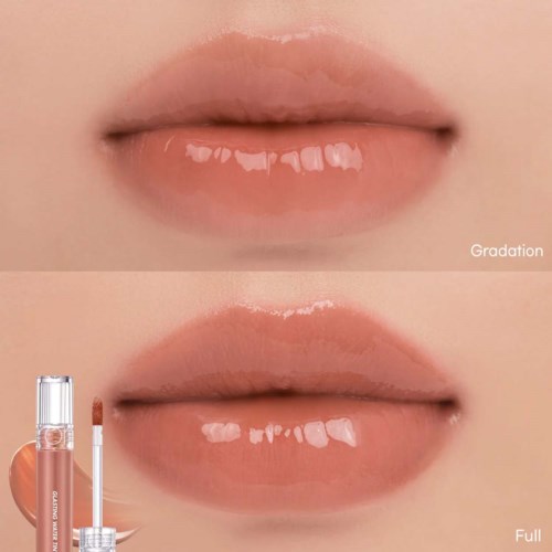 Upper lip shows natural look, lower lip appears fuller with shiny gloss or lipstick.