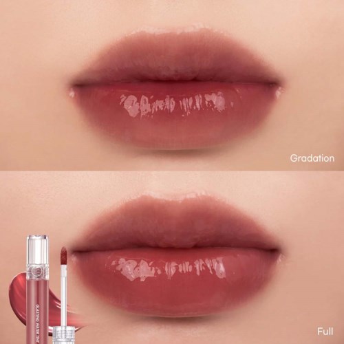 Lip gloss application process with before and after images of lips.
