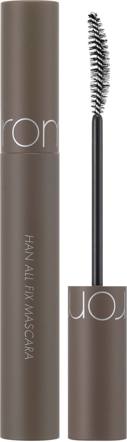 Een mascara-tube met een open mascara borsteltje dat spiralen borstel toont, tegen een effen achtergrond.