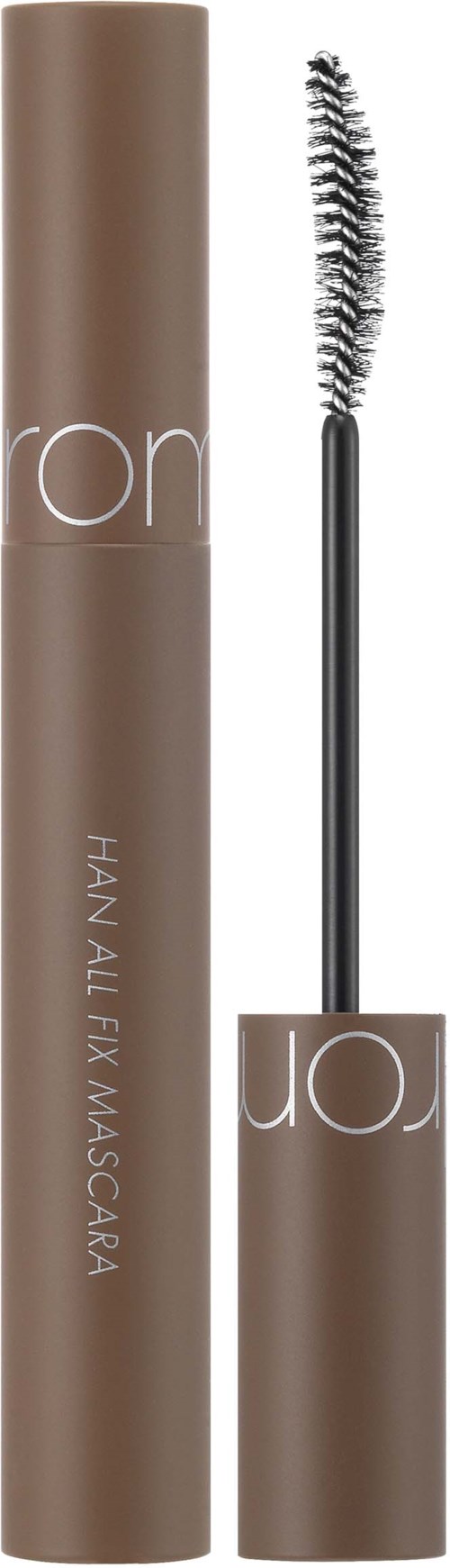Een bruin tube mascara met een borsteltje, gelabeld 'Hydra All Fix Mascara'.
