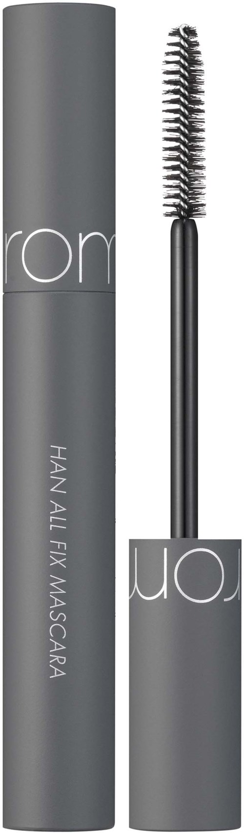 Een grijze mascara-buis met open kwastje, toont de productnaam en het merk op de container.