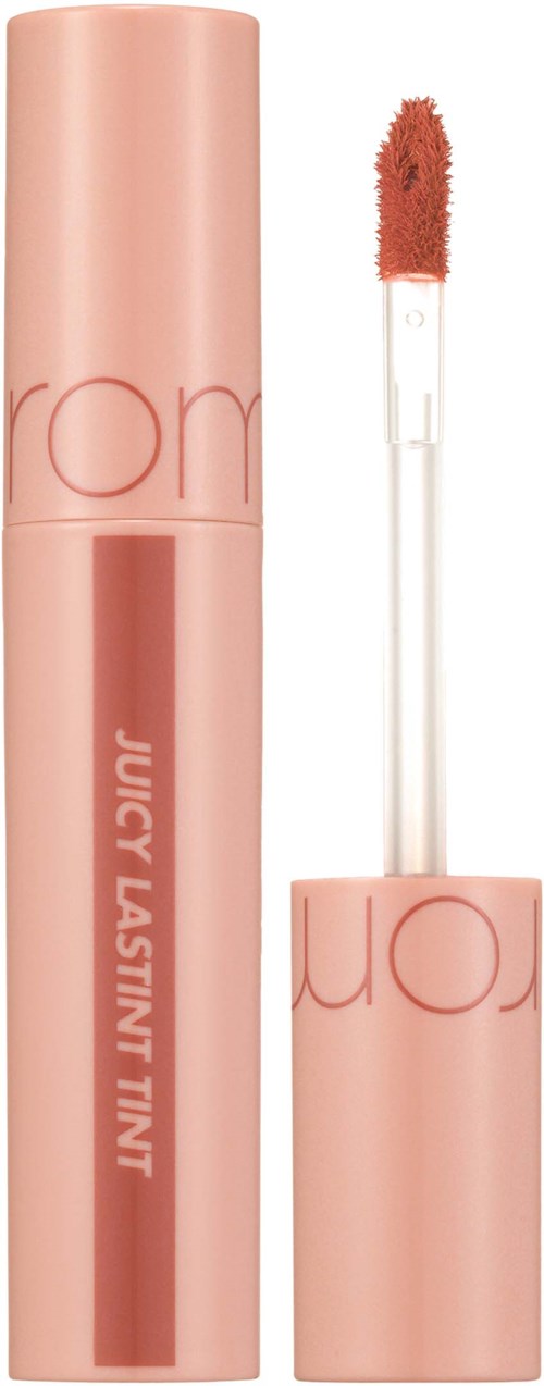 Ein Lipgloss-Röhrchen mit Applikator, gekennzeichnet "Juicy Lasting Tint" in Pink, glatt und glänzend.