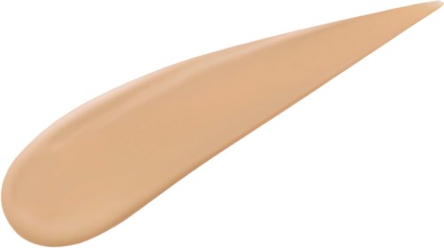 Een beige make-up spons in druppelvorm, rond aan één kant en spits aan de andere.