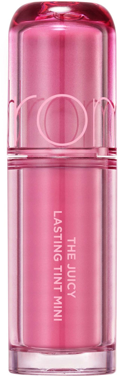 Pink cylindrical lip gloss tube with white text, featuring a shiny cap at the top.