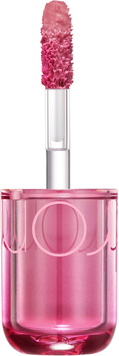 A pink lip gloss with a fluffy applicator brush, in a transparent bottle showing the gloss inside.