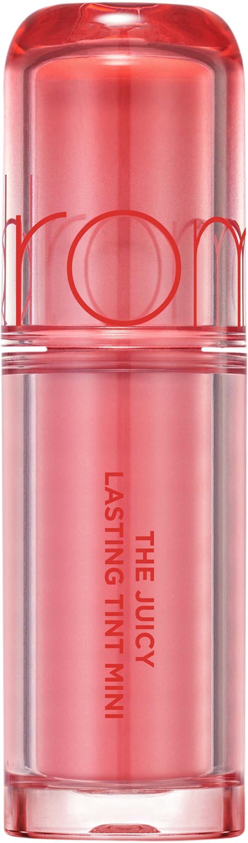 A small, pink cylindrical tube with a transparent cap, labeled "The Juicy Lasting Tint Mini."