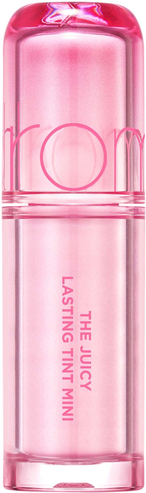 Een roze compacte tube met de tekst 'The Juicy Lasting Tint Mini'.
