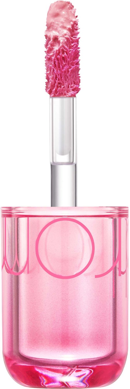 Roze nagellak met een zachte applicatorborstel in een doorzichtige fles.
