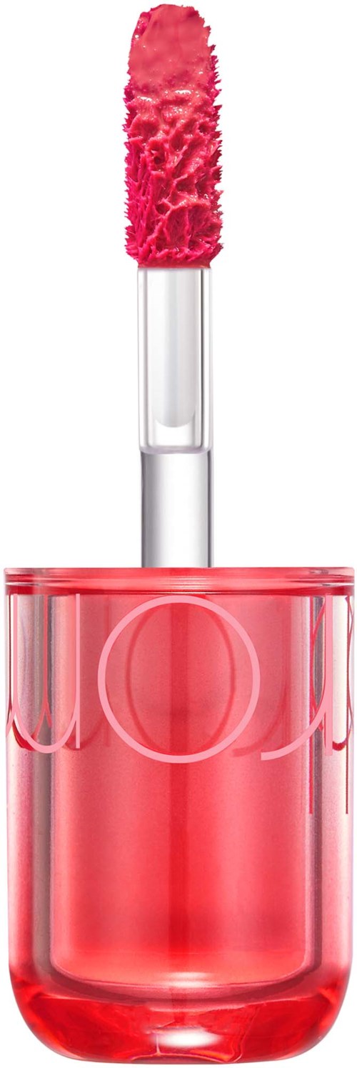 Lip gloss with pink, fluffy applicator in a clear pink bottle.