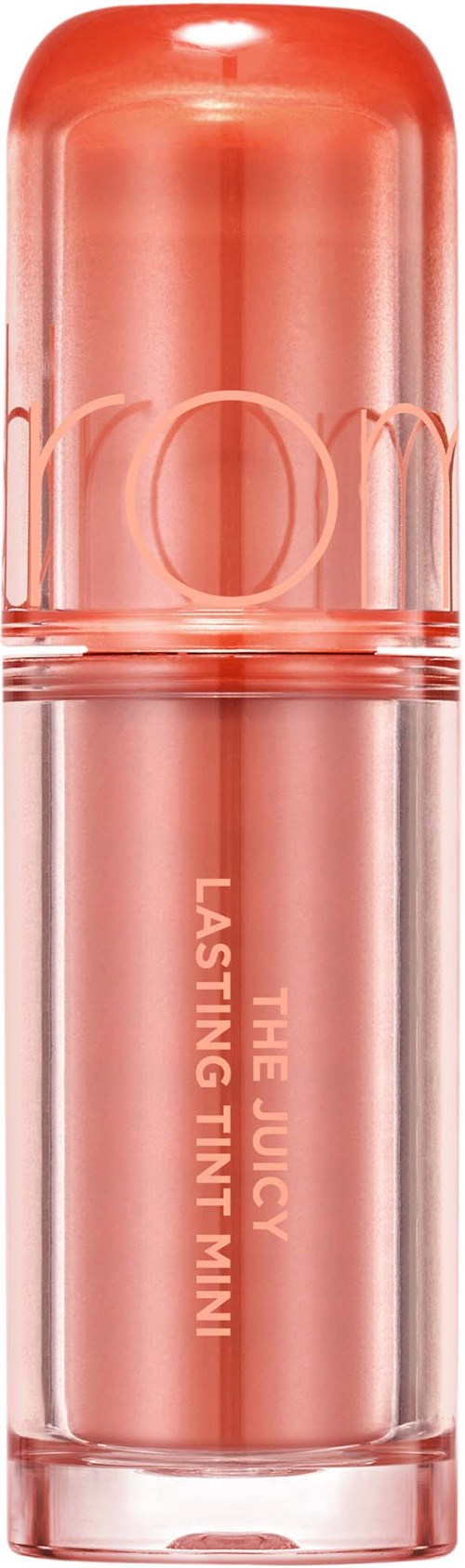 Een roze, glanzende lippenstiftverpakking met 'The Juicy Lasting Tint Mini'.