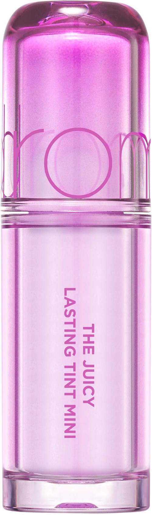 A pink, transparent lipstick tube labeled "The Juicy Lasting Tint Mini". It has a shiny cap and smooth shape.