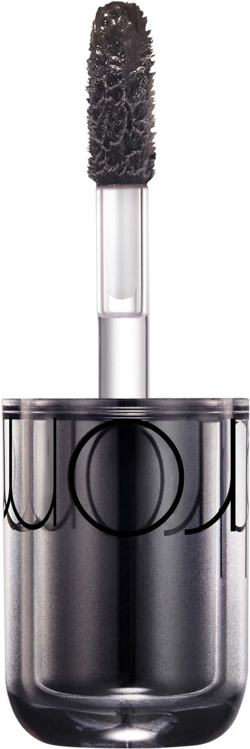 Lip gloss with a black fuzzy applicator and clear glass container.