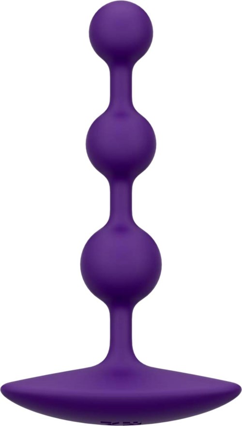 Ein lila, flexibler, plastischer Analplug mit drei runden Kugeln, die größer werden.