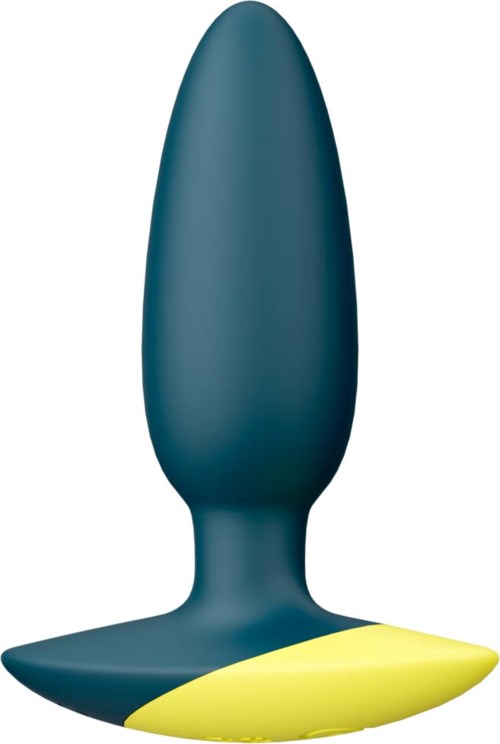 Ein blauer und gelber Silikon-Analplug mit runder Spitze und breiter Basis.
