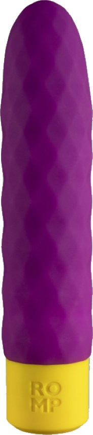 Langes, strukturiertes, violettes Objekt mit gelbem Boden, auf dem 'ROMP' steht.