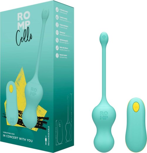 Ein Vibrator-Ei mit Fernsteuerung in Türkis, Verpackung zeigt Funktionen und Marke ROMP.