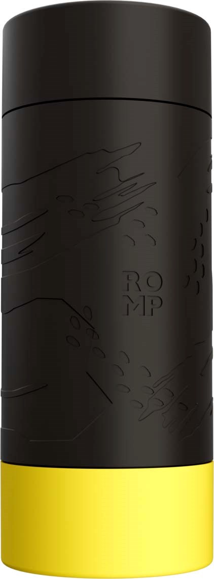 Ein schwarzer Behälter mit gelbem Boden, mit subtilen Linienzeichnungen und dem Wort 'ROMP' eingraviert.