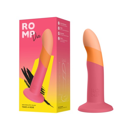 Ein rosa und orange Silikondildo mit Basis, neben seiner rosa und gelben Verpackung.