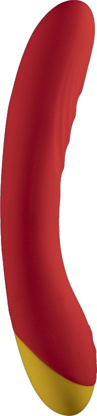 Ein gebogener Gegenstand mit roten und gelben Farben, ähnlich einer Chili.