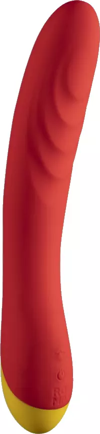 Ett rött och gult böjt föremål som liknar en sked eller ett handtag med en texturerad yta.