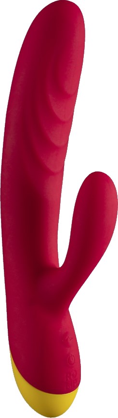 Ein roter und gelber Vibrator mit gebogener Form, strukturierter Oberfläche und kleiner Erhebung. Es sieht glatt aus und ist aus Silikon.