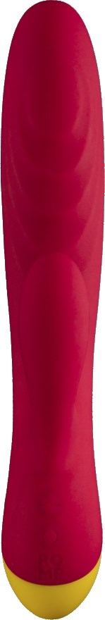 Ein rotes und gelbes Objekt mit abgerundeter Spitze, lang und glatt, möglicherweise Spielzeug oder Küchenwerkzeug.
