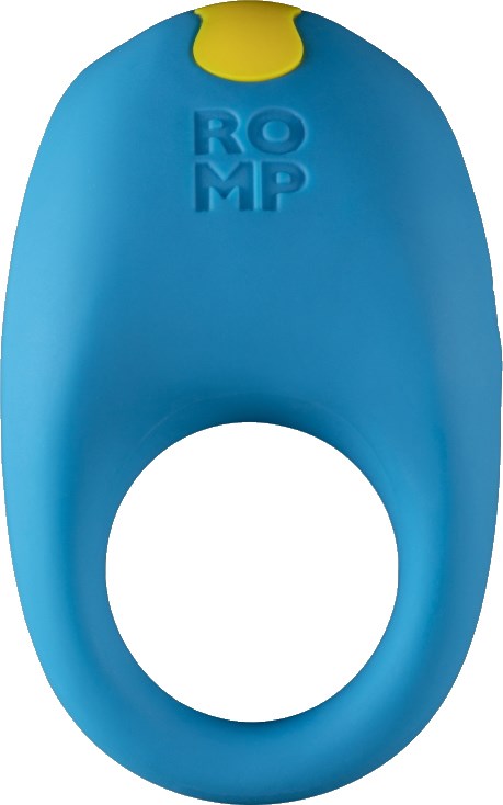 Ein kleines blauen Gerät mit einem gelben Knopf und dem Wort "ROMP" darauf, zum Halten in der Hand.