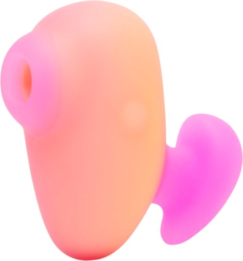 Ein rosa und orangefarbenes Spielzeug, das einem Ohr und einem kleinen Anhang ähnelt, mit einfachem, glatten Design.
