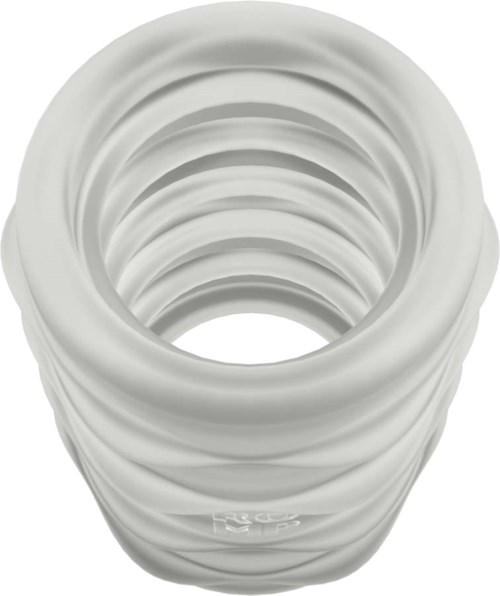 Ein weißes, spiralförmiges Objekt mit Rillen, möglicherweise zum Greifen oder Dekorieren.