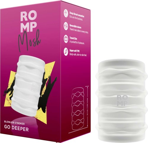 Ein weißer, flexibler Sleeve mit Verpackung in Pink und Lila, beschreibt Merkmale wie Tiefthroat, Reisesize und Weichheit.
