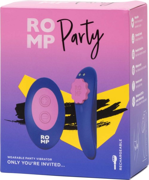 Rosa und lila Verpackung zeigt einen tragbaren Höschen-Vibrator namens ROMP Party, mit Fernbedienung und Text über Wiederaufladbarkeit.