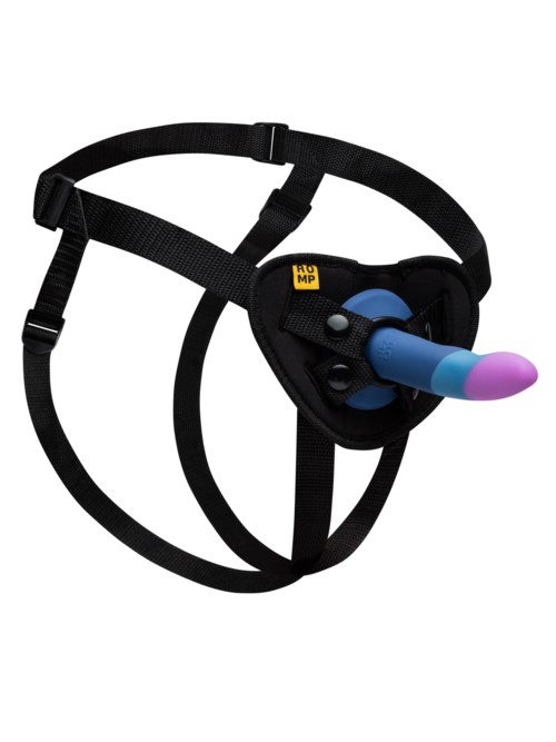 Ein Geschirr mit einem blauen und lila Spielzeug, das wie ein Penis aussieht.