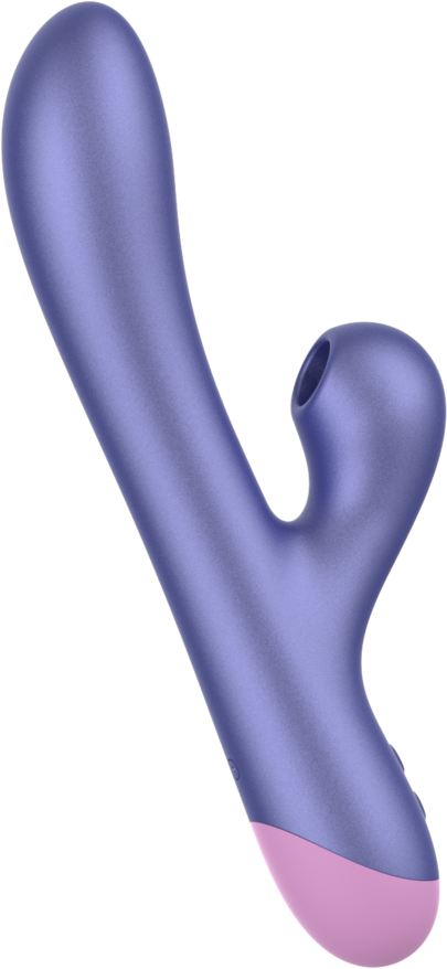 Ein lila, gebogener Gegenstand mit rosa Spitze, sieht aus wie ein Massagegerät oder Vibrator.