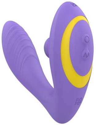 Ein violett geformtes Spielzeug mit gelben Akzenten, für Stimulation, mit mehreren Knöpfen und gebogener Form.