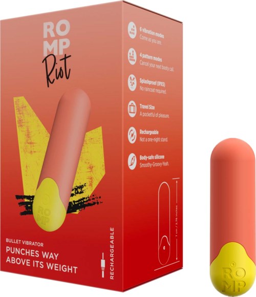 Ein rosa Vibrator in Kapselform mit gelbem Boden, schwarzem Streifen und Text, sowie Vorteile auf der Verpackung.