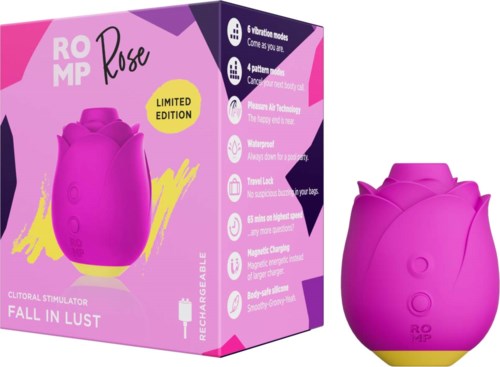 Rosa formschlüssiges Gerät in Rosenform mit Steuerung, Verpackung zeigt Wasserfestigkeit und Heizfunktion.