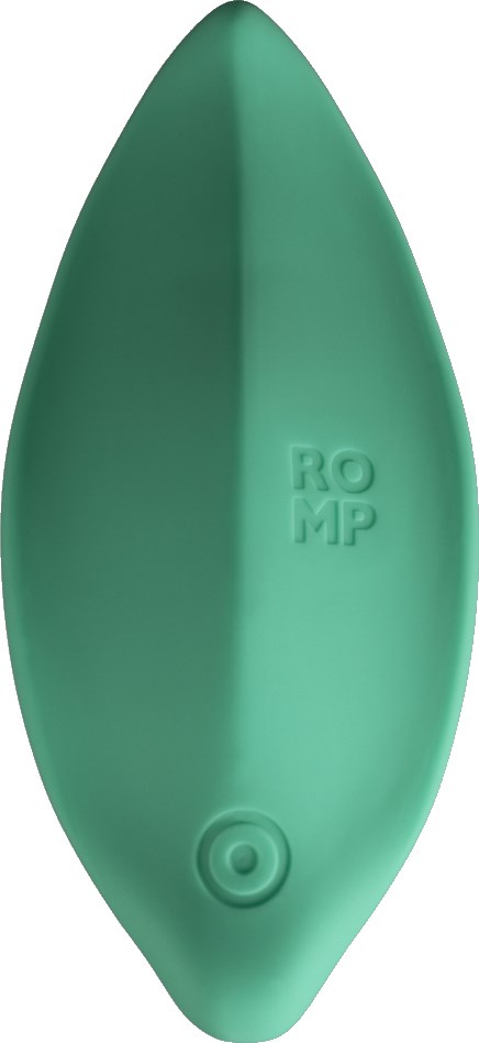 Grünes Gerät in Form eines Blattes mit den Worten 'ROMP' und einem kleinen runden Knopf.
