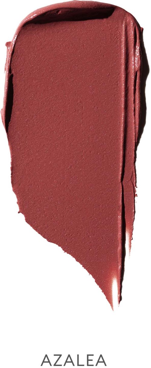 A swatch of lipstick in a muted pink color, shaped like a curved line with a smooth texture.
