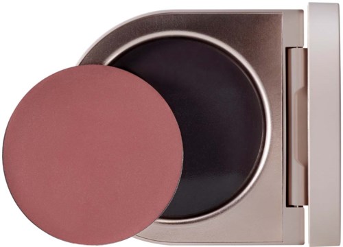 A round blush and a makeup compact with a mirror inside, both in a light pink shade.