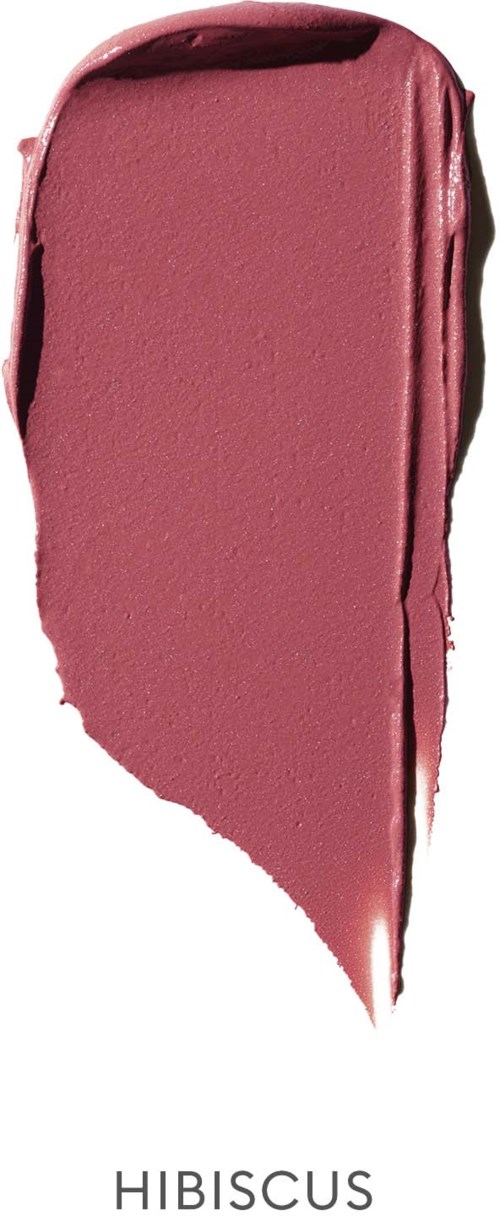 A pinkish lipstick swatch with a glossy finish and a curved, tear-drop shape.
